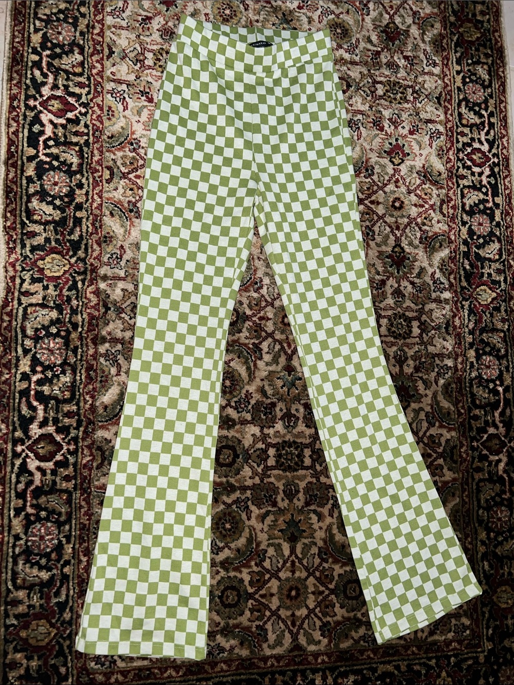 Primark Green and White Checkerboard Flare Pants Leggings Size 2